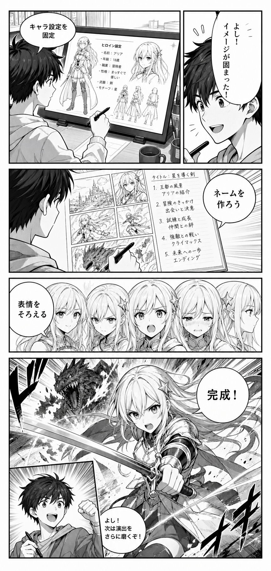 AIで制作したモノクロ漫画ページのサンプル