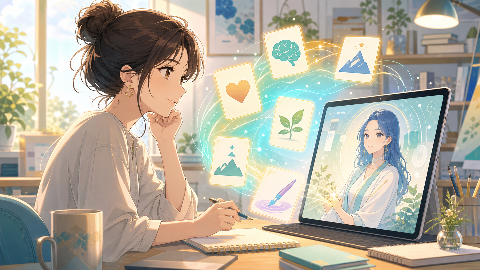 想いや価値観をAIに共有してパーソナライズするアニメ風イメージ