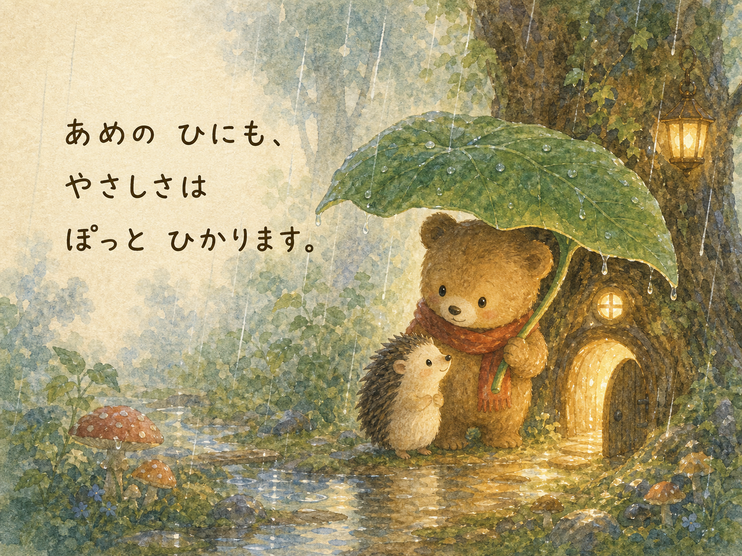雨の日のやさしさをテーマにした文章入り絵本ページ