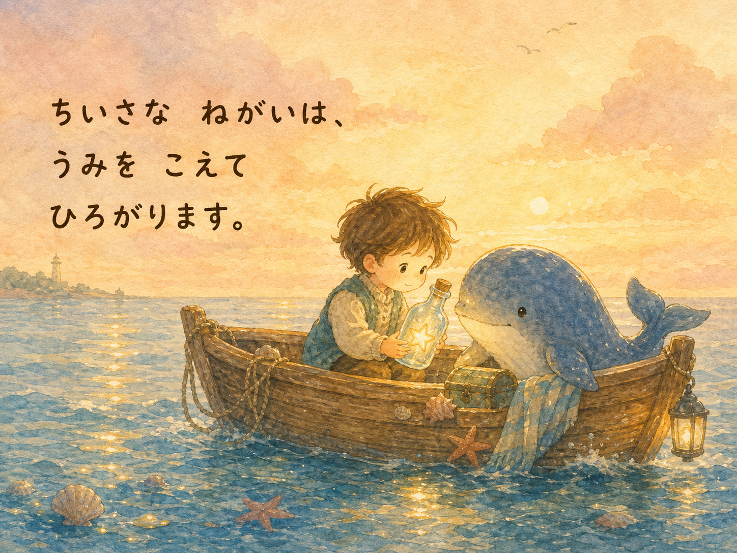 海と小さな願いをテーマにした文章入り絵本ページ