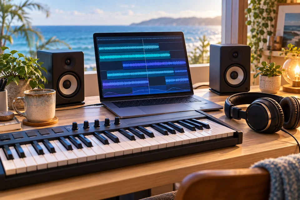 音声波形を映すパソコンと鍵盤、ヘッドホンを配した音楽制作デスク
