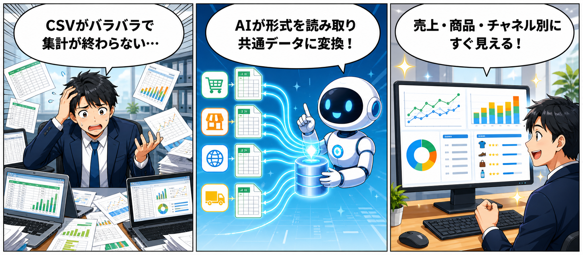 売上データ統合の漫画イメージ