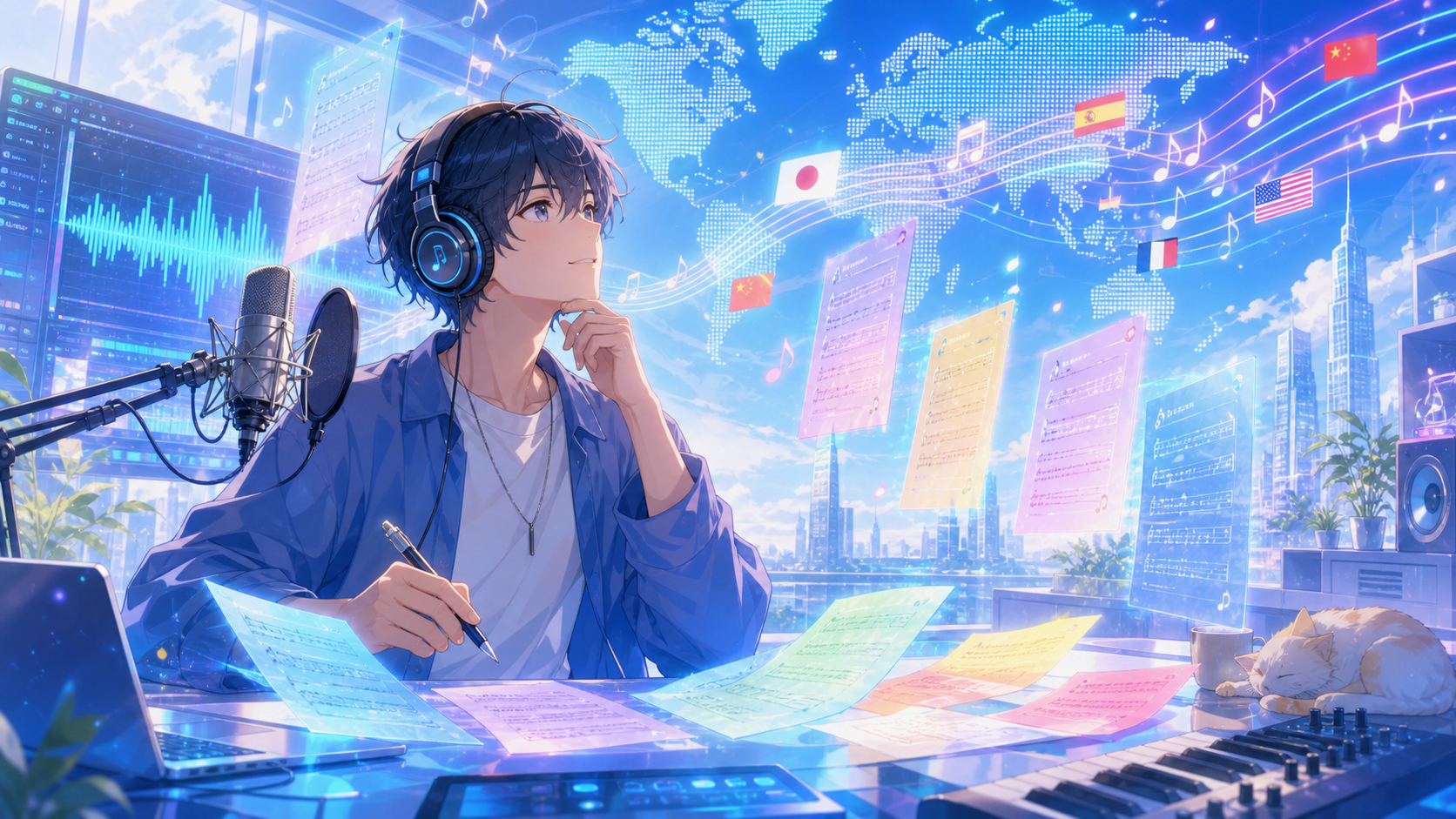 オリジナル曲が多言語の歌詞へ広がるアニメ風イメージ