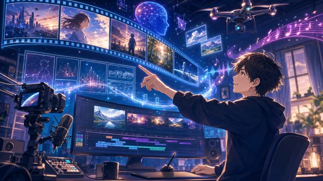 映像と音楽の制作を描いたAI生成イラスト。リンク先で実際の動画作品を紹介