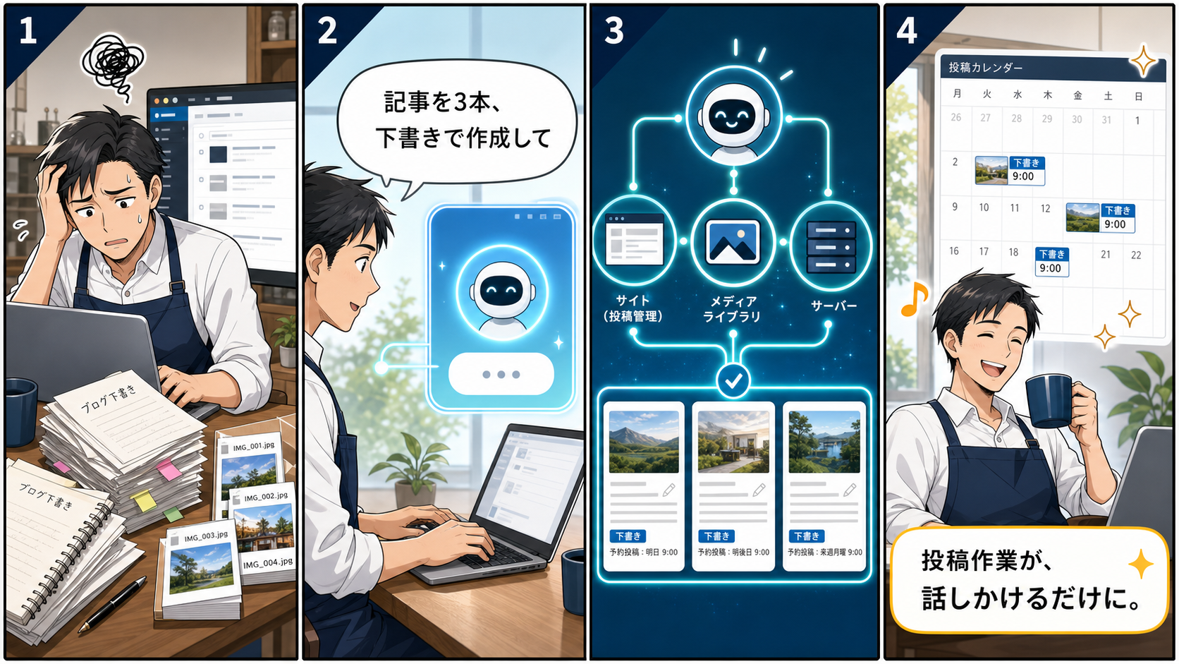 AIがWordPress投稿作業を自動化する流れを説明する漫画