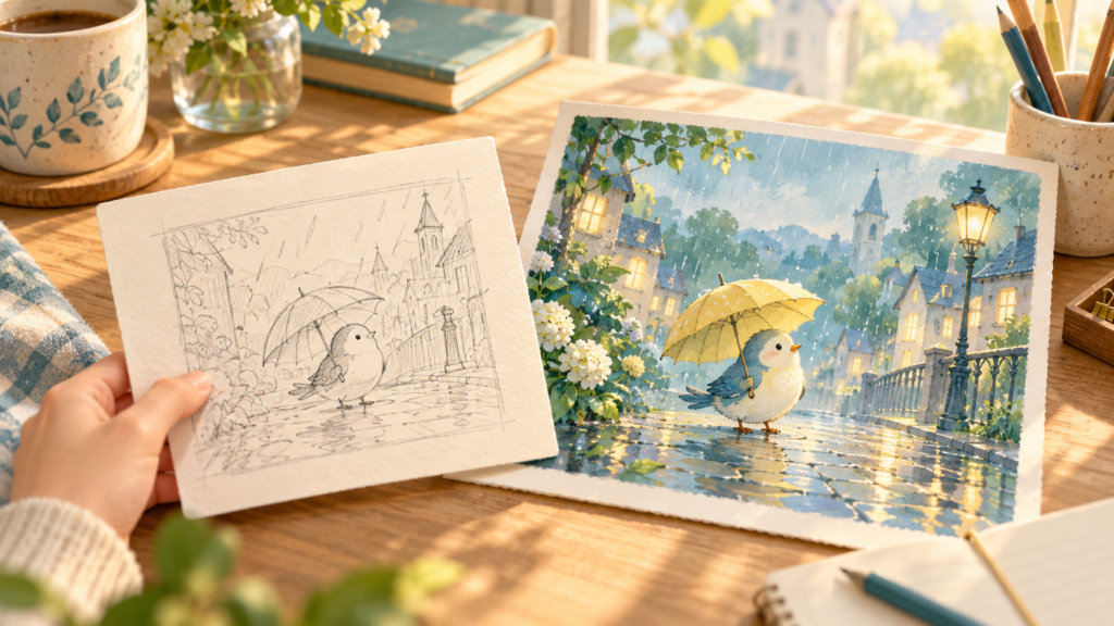 雨の日の小鳥の絵本を一場面から試作するイメージ
