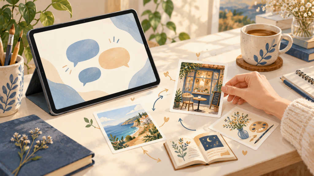 AIからの質問を手がかりに、喫茶店や小さな作品のアイデアをノートへ広げる創作机
