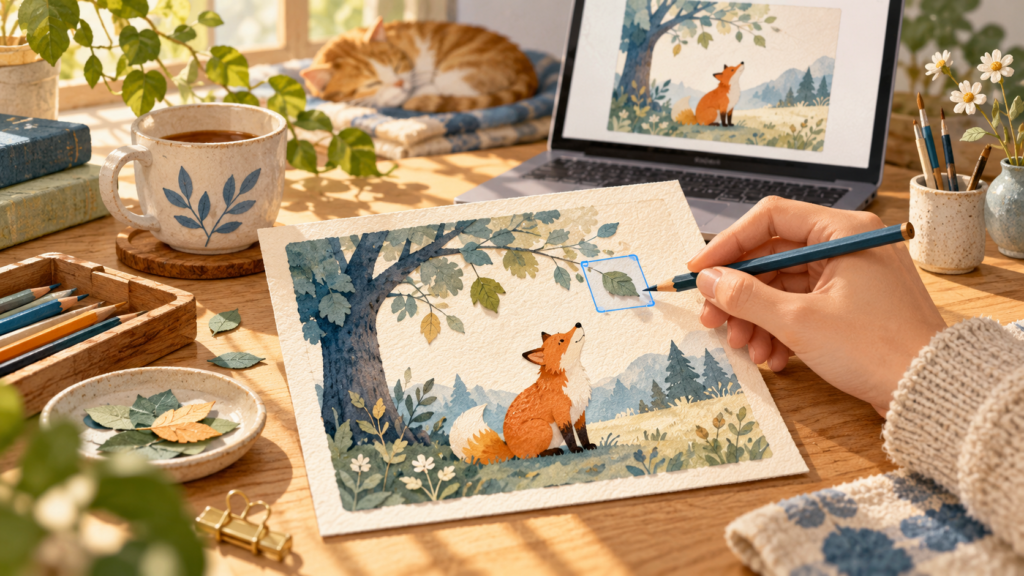 森のキツネを描いた作品を残しながら、葉の一部分を青い枠で指定して見直す制作机のイメージ