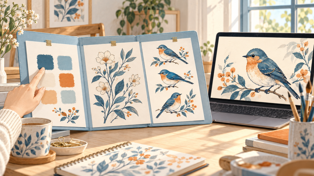 小鳥の参考イラストと色見本をまとめた制作ファイルを、パソコンの作品と見比べる机